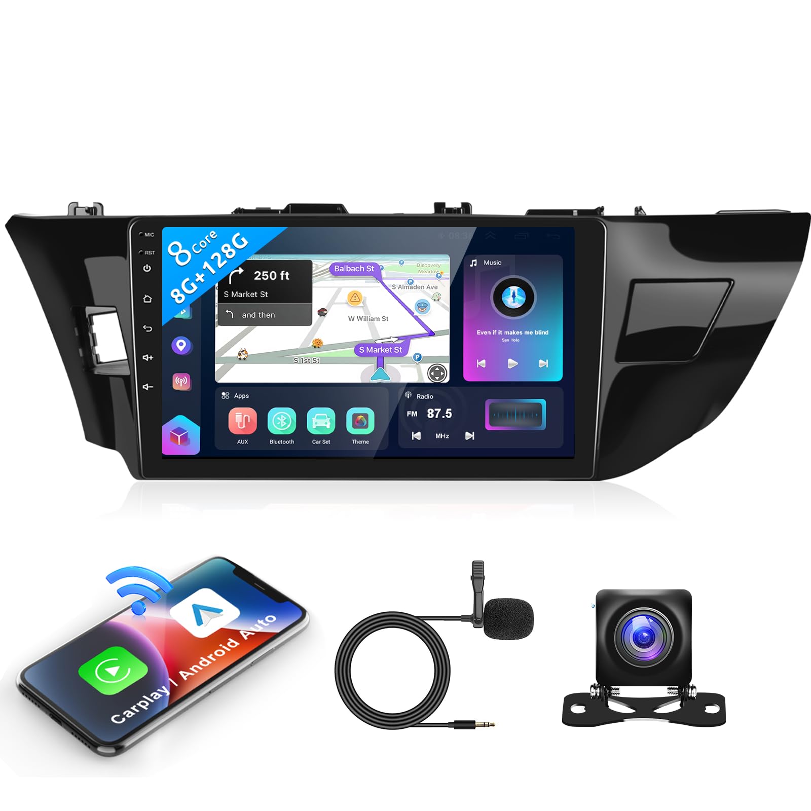 8+128G+Octa-Core Android Car Stereo Radio for Toyota Corolla 2014 2015 2016 2017 with Wireless Carplay/Android Auto Mirror Link, 10.1" IPS Touch Screen Wifi/4G GPS DSP Bluetooth AM/FM Voice Control