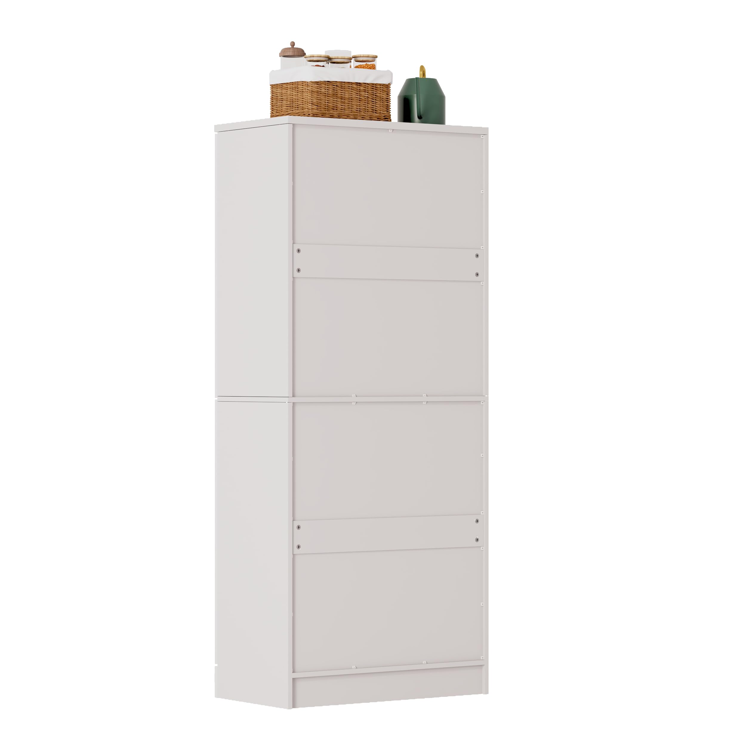 Muskel Kitchen Pantry Gabinete alto blanco brillante, armario de 4 puertas en diseño de frigorífico, estantes ajustables en altura, armario de cocina grande con asas de metal, 76 x 42 x 180 cm