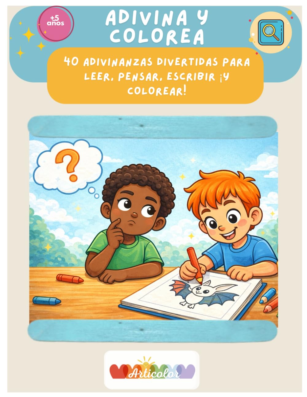 Adivina y colorea: Cuaderno infantil para ayudar a la escritura con 40 adivinanzas y dibujos para colorear. (Articolor Junior (5+ años))
