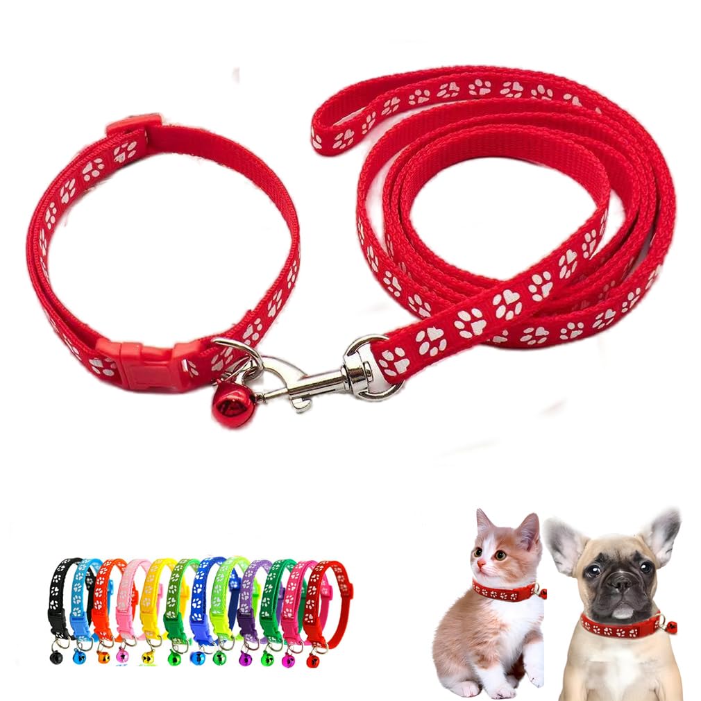 Red Small Puppy Collar Girl Leash Set, Nylon Basic Reflective Puppy Collars Paw Print for XXS Xs Small Dog Cat Pet Animal Litter Tiny Kitten Boy Girls