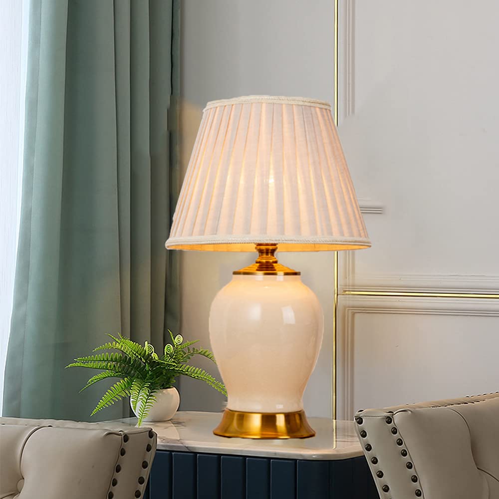 Lampada da Tavolo in Stile Rustico, Attacco E27, in ceramica e Stoffa, Soggiorno e Camera, HxD: 50x30 cm,(Senza Lampadine) (Bianco)