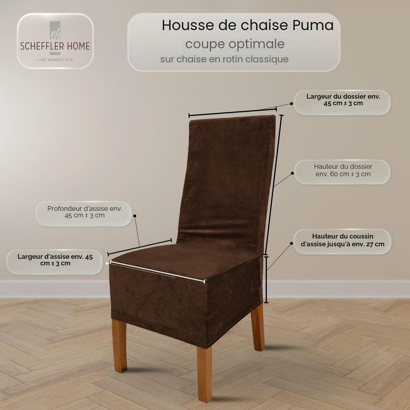 SCHEFFLER-Home Housse de Chaise Extensible « Puma Velvet » / Lot de 4 / Marron/Housses de siège élastiques en Velours/Housses de Chaise pour Chaise Luge