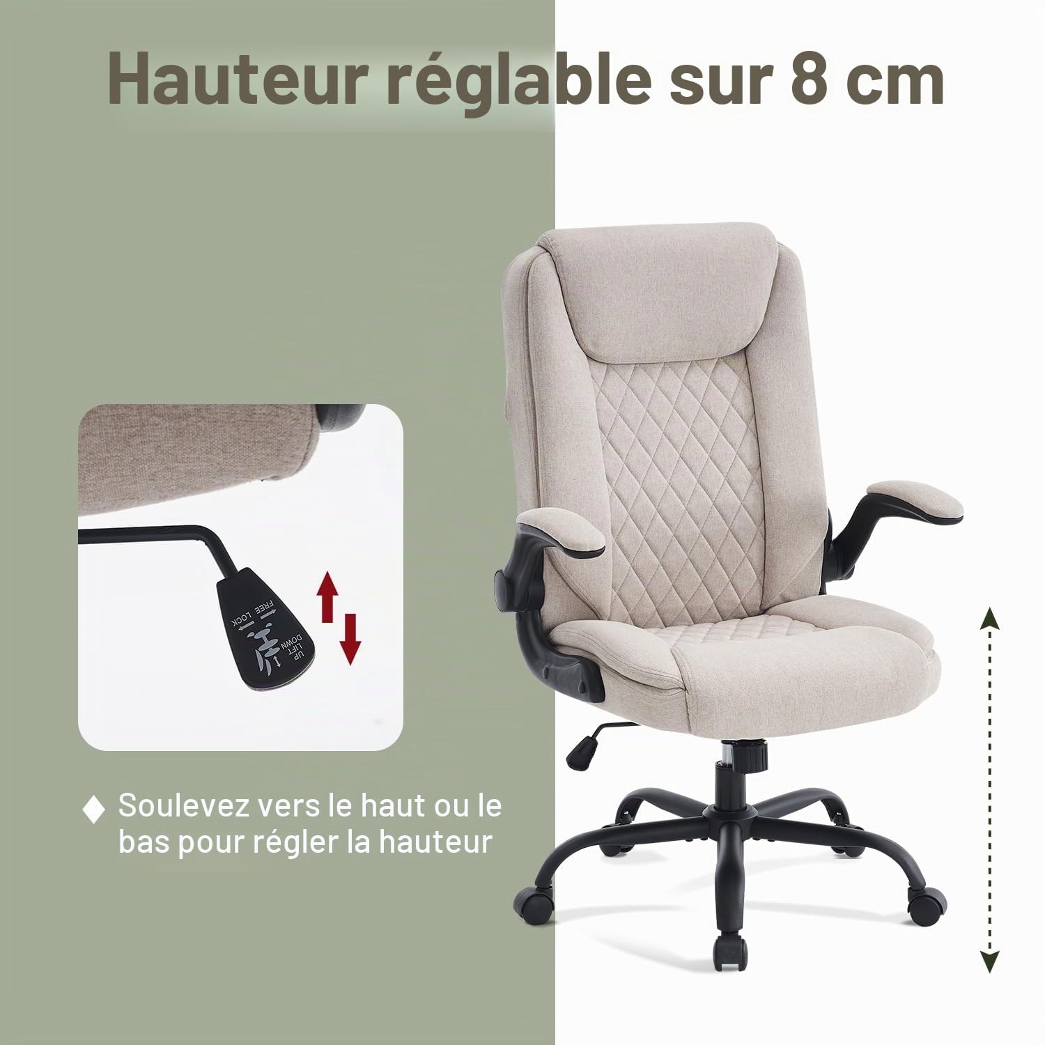 CASTLOVE Chaise de bureau ergonomique avec accoudoirs rembourrés, pliable, hauteur réglable, fonction bascule et appuie-tête, confortable pour chaise de bureau à domicile, 150 kg, tissu beige