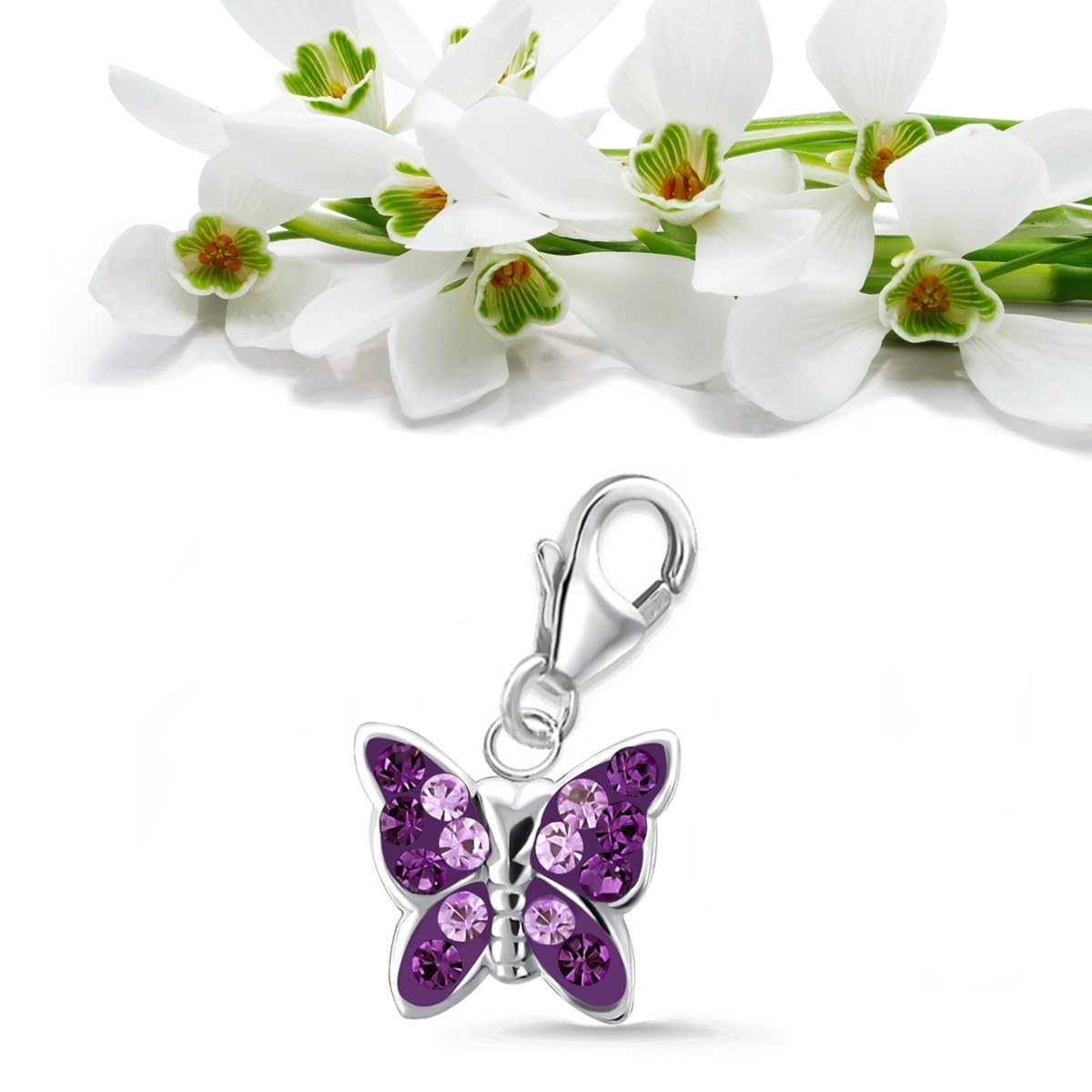 Goldene Hufeisen GH* Kids Petite breloque papillon en cristal améthyste violette en argent 925 véritable pour filles, enfants, femmes et bébés Idée cadeau, Verre Argent sterling émail verre Argent