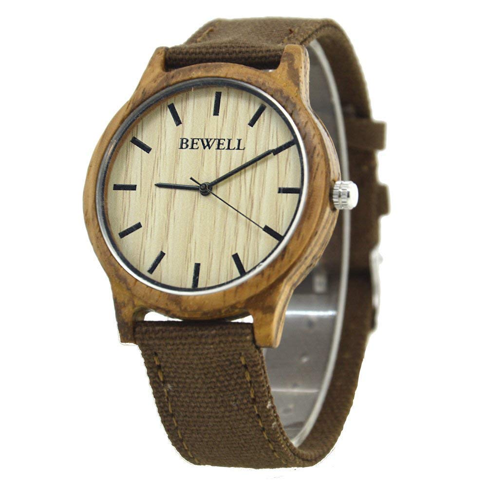 BEWELL W134A Natural Wooden Watches Japan Quartz Movement Wood Bezel Watch with Canvas Strap Watch for Men and Women(Brown Strap)