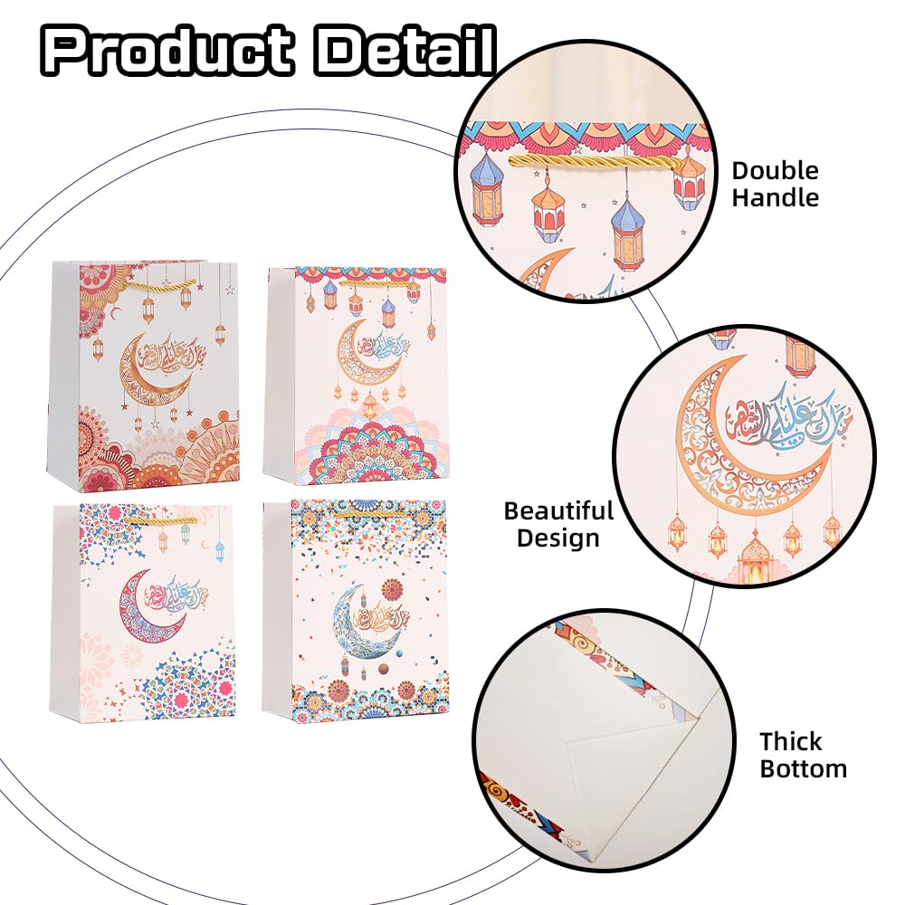 Colodeol 4 Pcs Large Eid Mubarak Gift Bags, Ramadan Gift Bags Paper Eid Bags with Handles Ramadan Treat Party Favors Supplies Eid Party Decoration