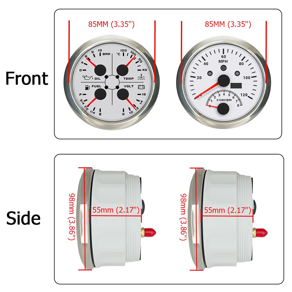 Medidor Tacómetro Voltímetro Medidor de Nivel de Combustible Odómetro 85 mm con 8000 RPM con 4 en 1 10 Bar Presión de Aceite 12 V con para veleros Marinos