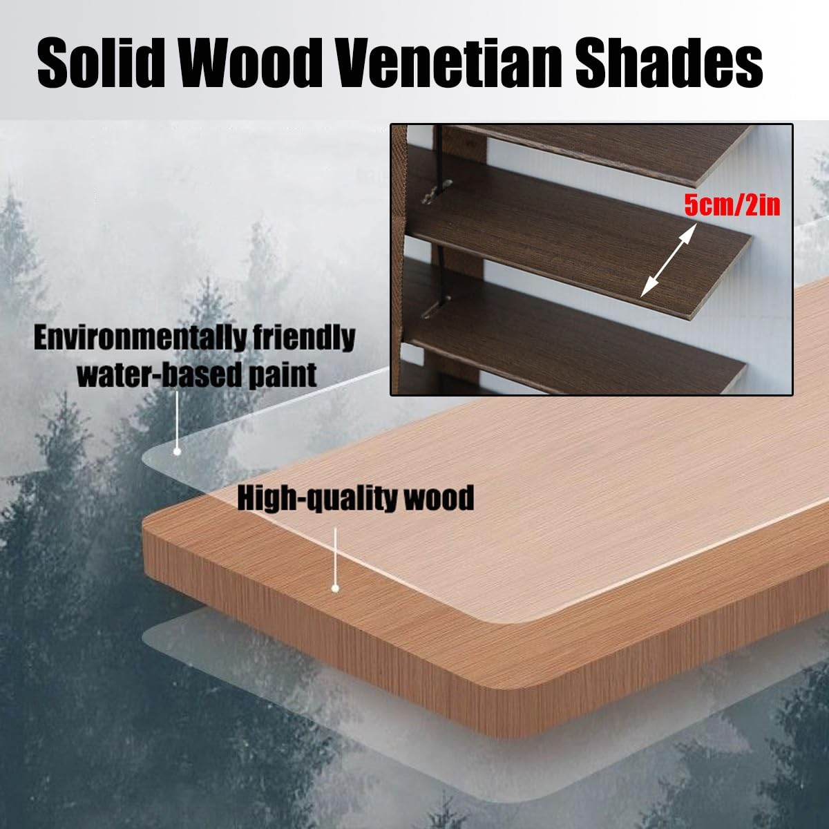 Tenda veneziana in legno, doghe orizzontali da 50 mm, per interni/esterni, in legno massello, larghezza regolabile 45-160 mm, tendaggi per finestre che bloccano la luce (100 x 180 cm)