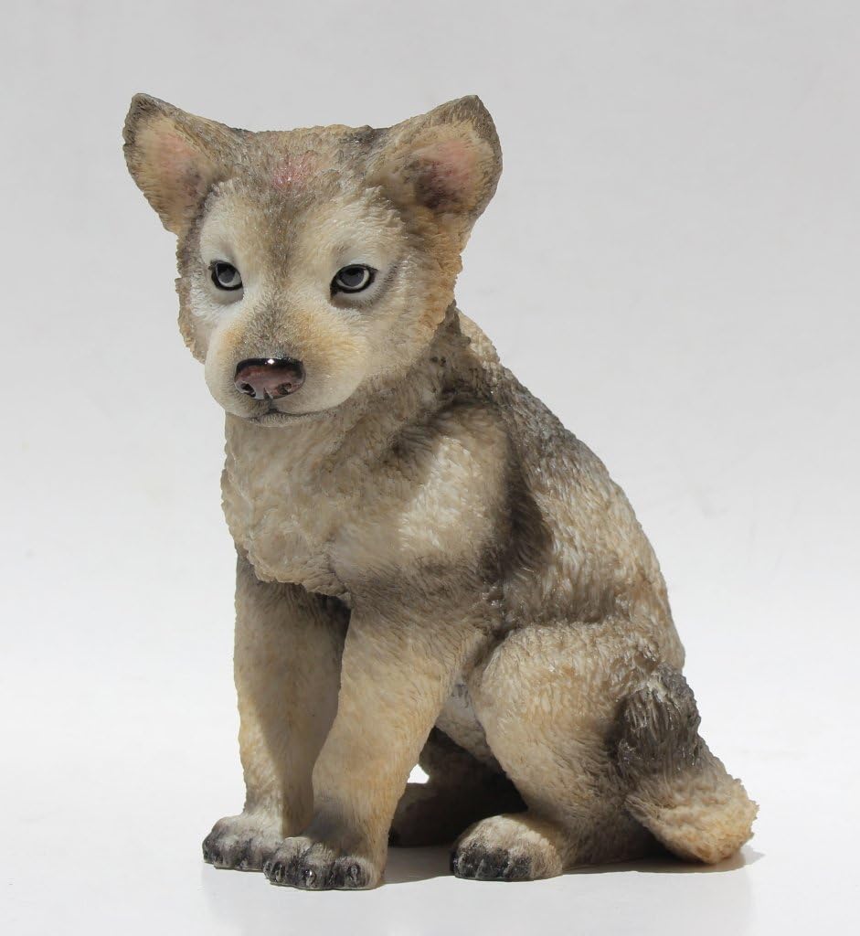 US 4.5 Inch Wolf Cub Sitting Decorative Statue Figurine, Gray and Cream