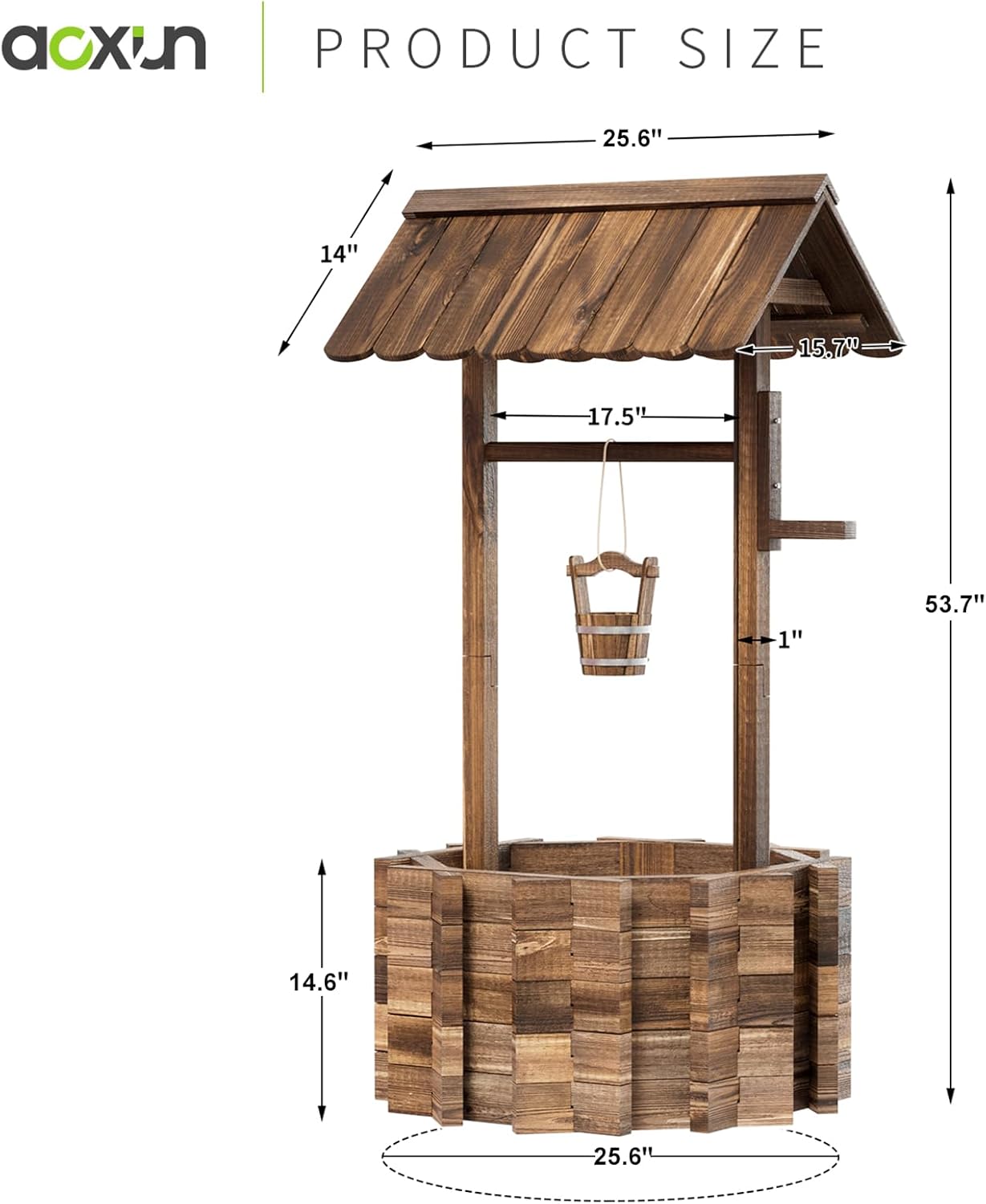 Aoxun Outdoor Wooden Wishing Well Planters with Hanging Bucket, Garden Helper, Rustic Garden Decor for Outside, Yard and Patio, Upgrade - Reinforced Base, Brown
