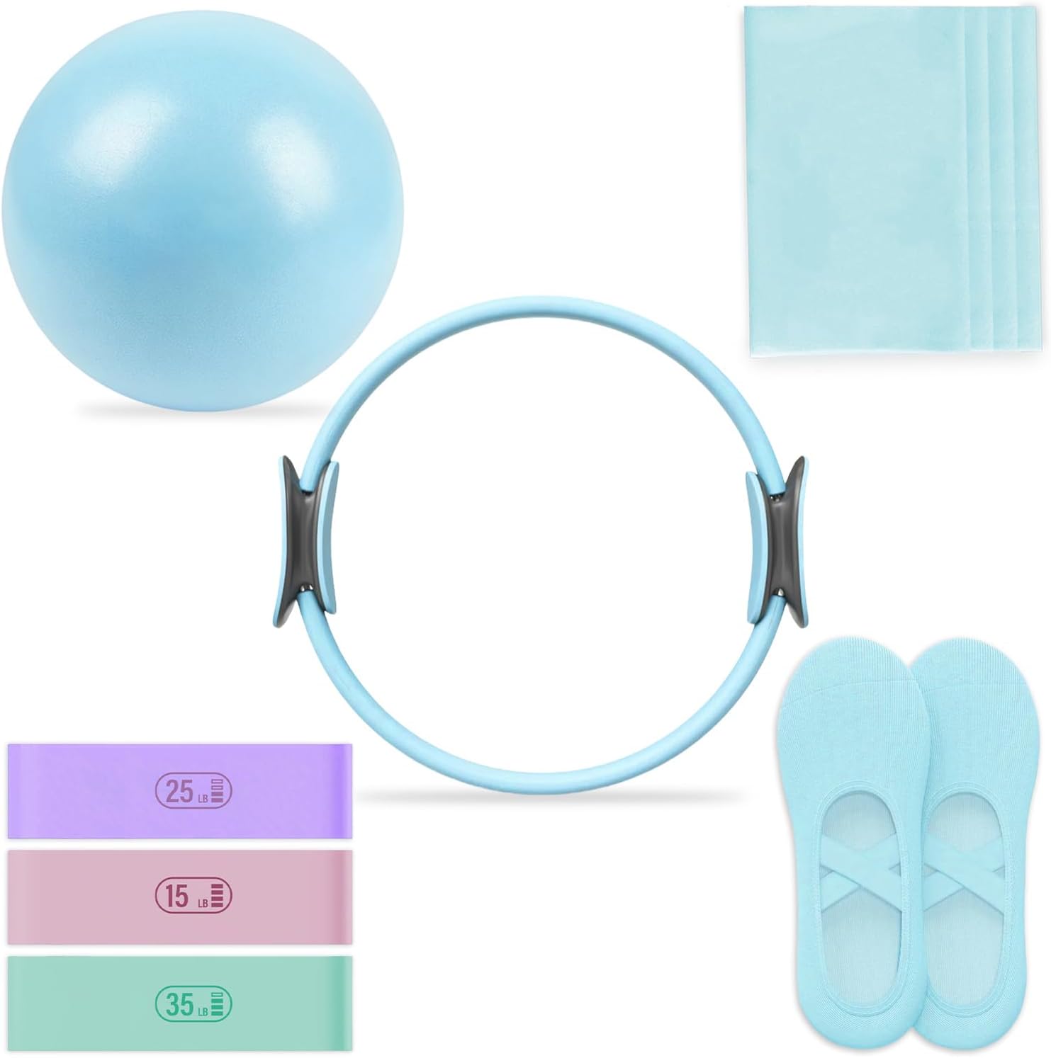 Pilates Essential Kit - Home Pilates Equipment Set - with Toning Pilates Ring & Long Resistance Bands & 3 Level Pilates Loop Bands & Soft Pilates Ball & Pilates Grip Socks
