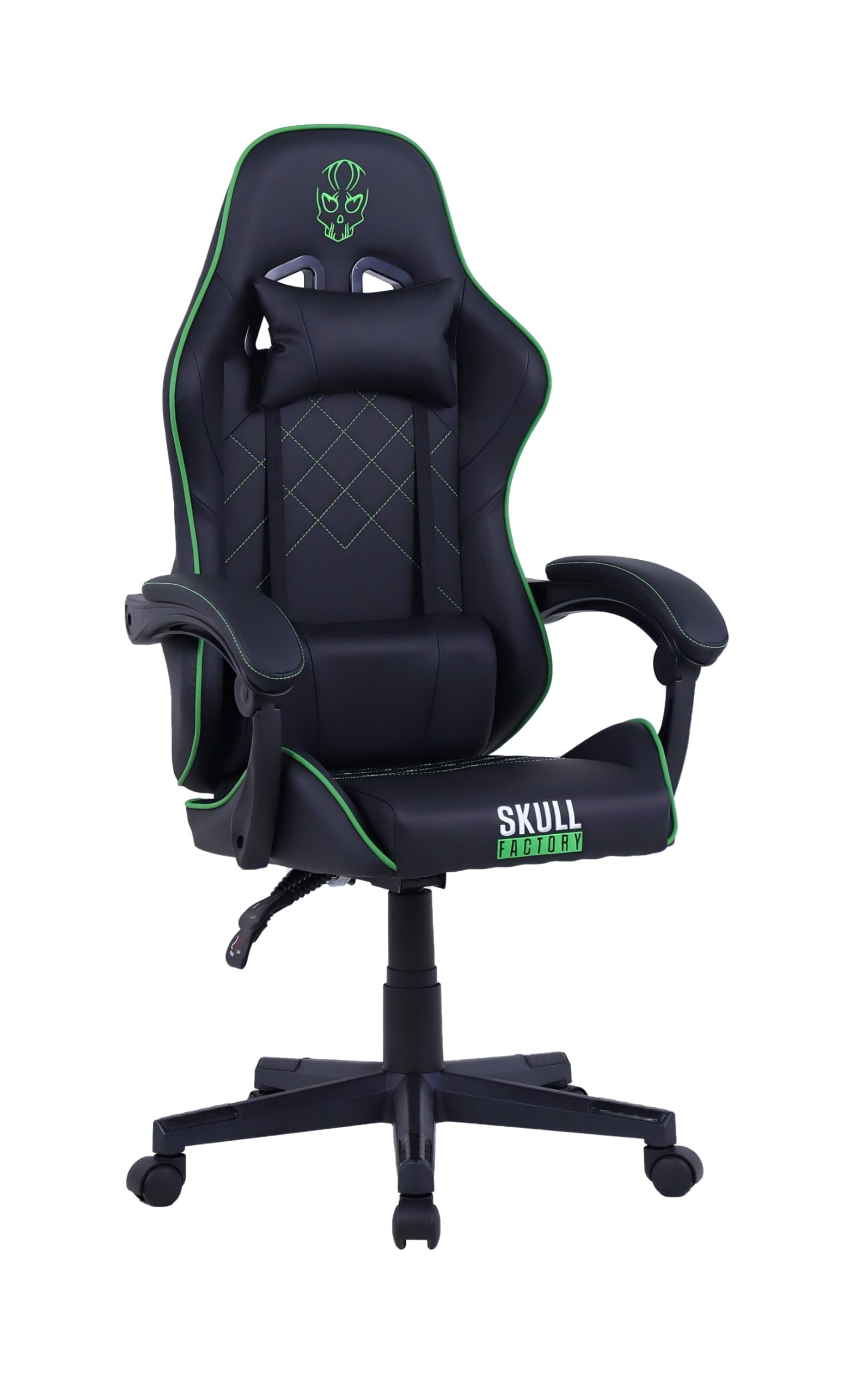 Skull Factory Sedia Gaming Ergonomica, Regolabile, Base Nylon, Pistone a Gas Classe 3, Cuscino Cervicale, Cuscino Lombare, Rivestimento in PVC, Ruote Silenziose