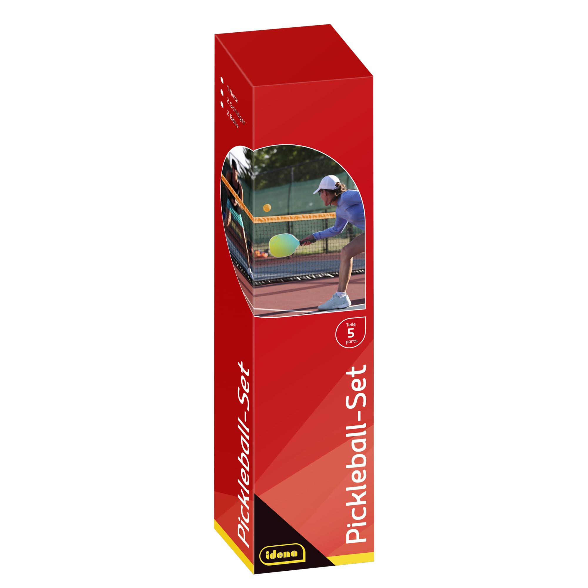 Idena 40253 - Set da Pickleball con 2 Racchette, Rete con Supporto (302 X 80 Cm), Palla da Internoe Palla da Esterno