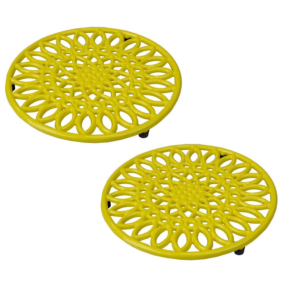 Home Basics Sunflower Collection, Heavy Duty Cast Iron Trivet, Elevated Base Kitchen Countertop & Dining Room Table, (2 Pack) Yellow