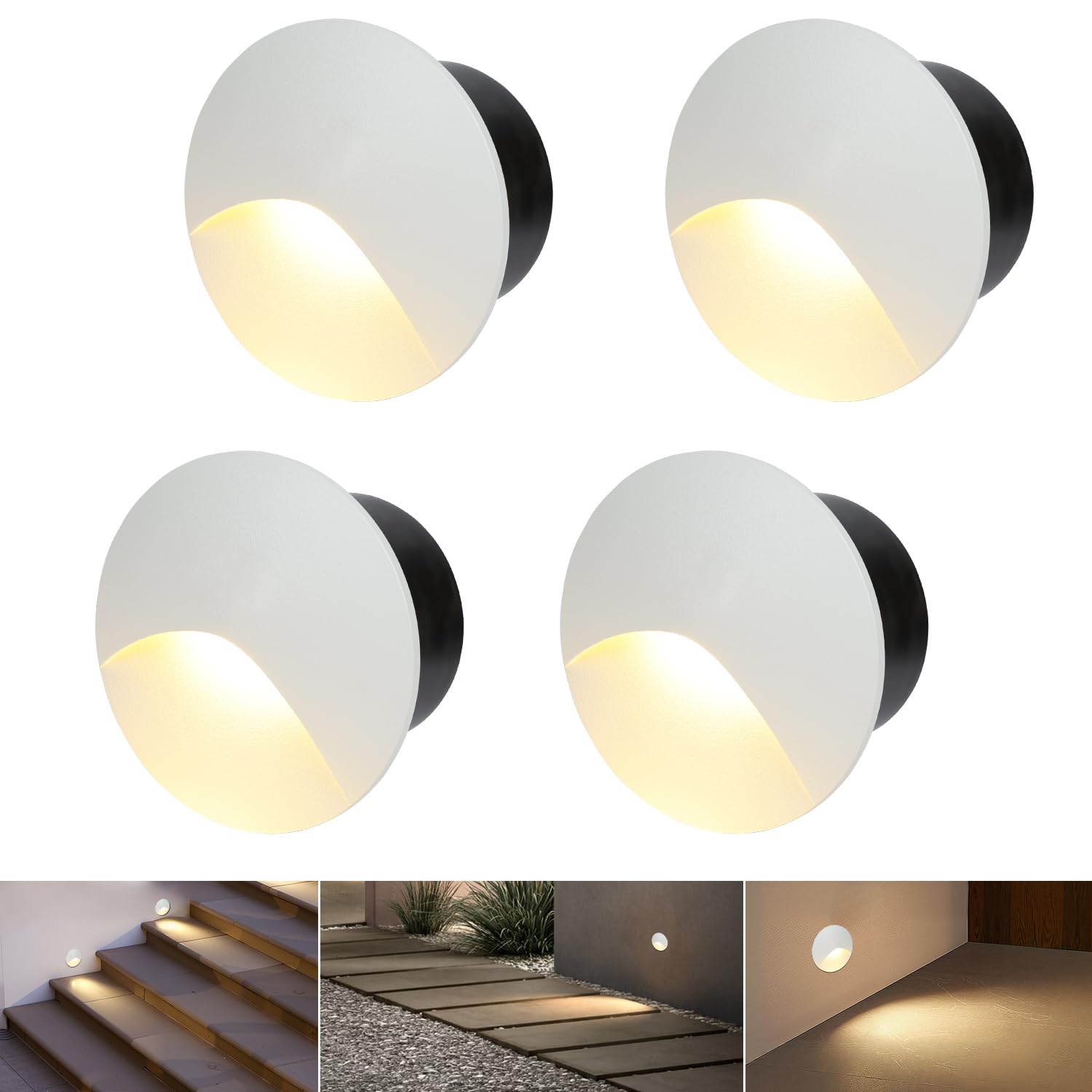 FWoche LED Stair Light 3W, Round Recessed Spotlight 60mm, Warm White Recessed Wall Light with Box, 230V IP44 Aluminium Wall Lighting, for Indoor and Outdoor Use, White(Pack of 4)