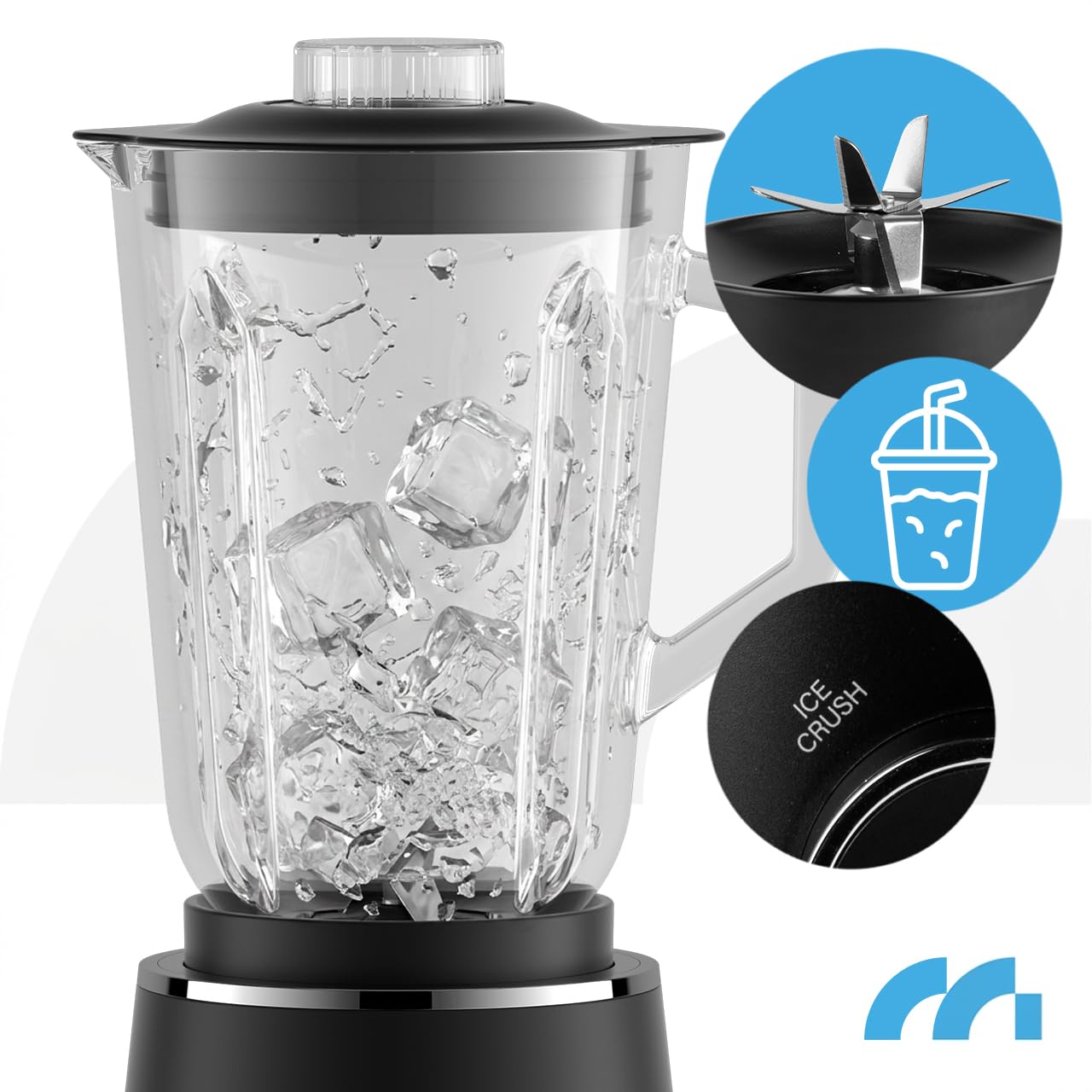 MalTec Standmixer Glas 1,5 L mit 500 ml To-Go-Flasche, 1000 W Motor, 6 Edelstahlklingen, 2 Geschwindigkeiten und Pulsfunktion, rutschfeste Füße, BPA-frei, für Smoothies, Suppen, Proteinshakes