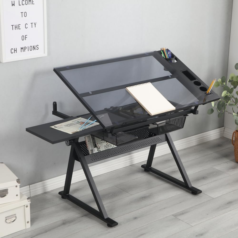 Adjustable Drafting Table with Tempered Glass Top – 0 to 75 Degree Tilt for Art, Design, and Craft Work