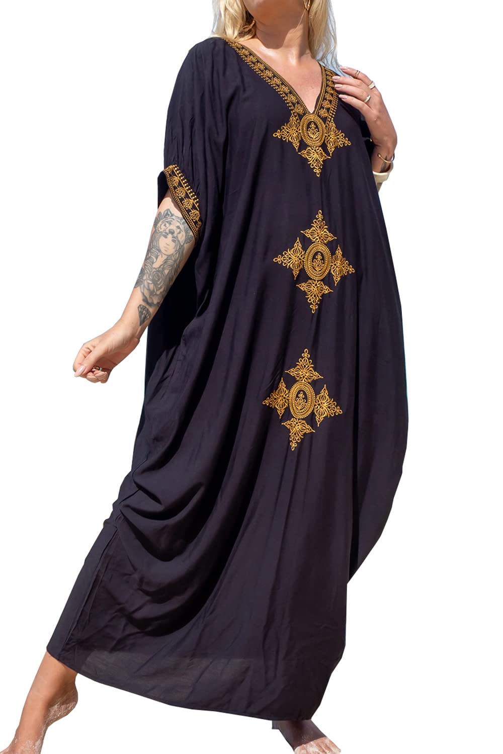 LikeJump Mujer Bohemia Floral Bordado Vestido de Playa Maxi Kaftan Kimono Pareos Bikini Cover Ups