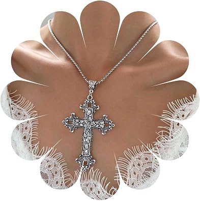 قلادة YienDoo Gothic Cross Choker قلادة صليب كرمة الزهرة الفضية العتيقة قلادة صليب دينية كبيرة قلادة صليب بيان البانك مجوهرات للنساء