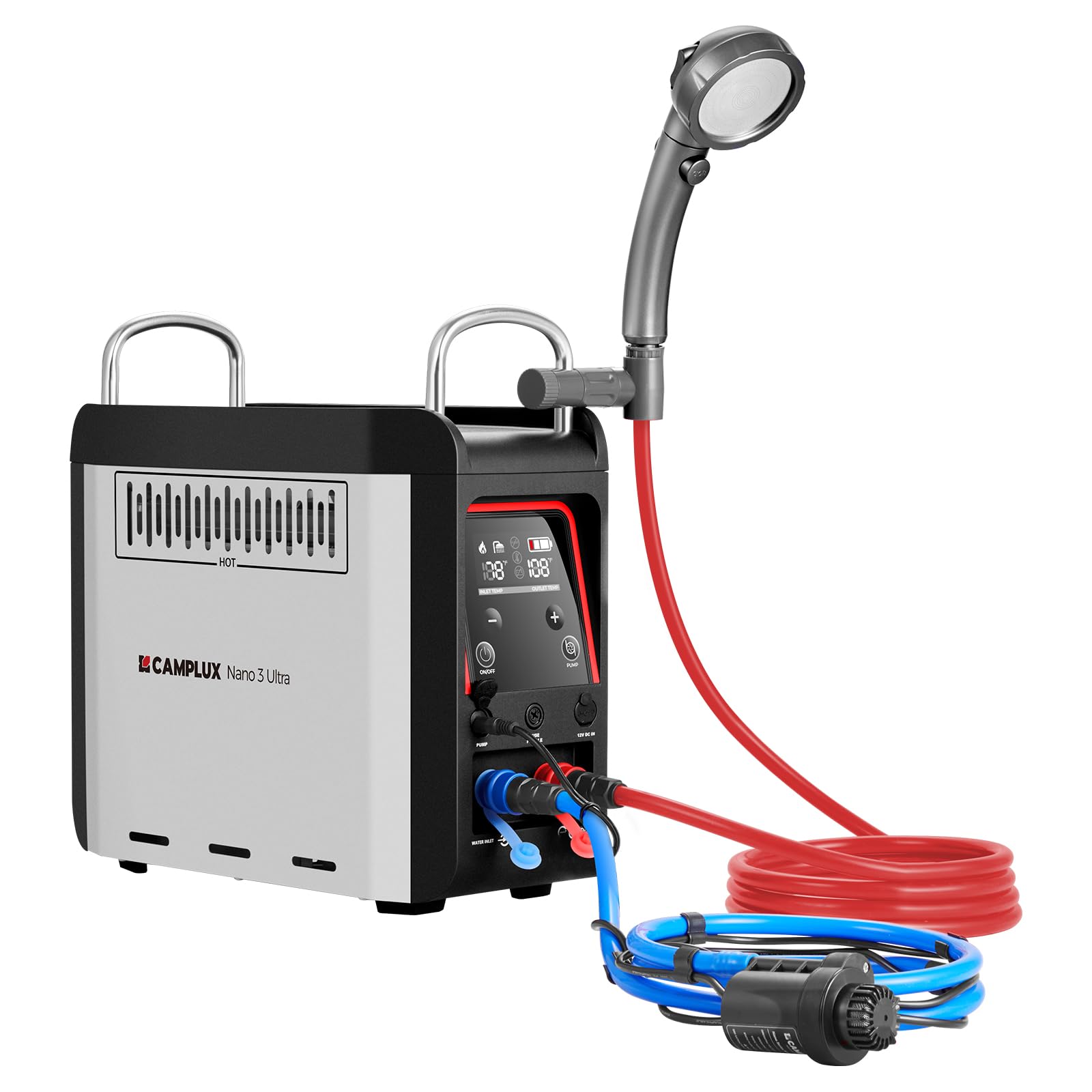 CAMPLUX Nano 3 Ultra, Constant Temperature Portable Propane Water Heater, Rechargeable Water Heater & Shower Pump, Propane Camping Shower, for RVs, Hiking, Fishing & Glamping