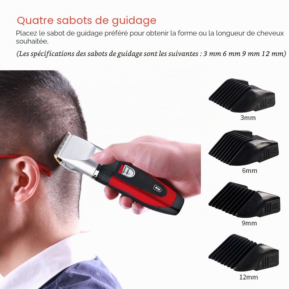 Surker Rouge Tondeuse Cheveux Professionnelle Tondeuse Barbe Rasoir Electrique Sans Fil Rechargeable avec 4 Peigne pour Enfants, Adultes, Personnes Agées,Rasoir électrique