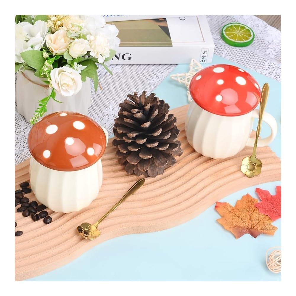 Adornos navideños, Taza de té Kawaii con Tapa y Cuchara Flores, 250 ml/8 oz, Divertida Taza for Leche, Regalo for Mujeres, niñas, Navidad cumpleaños(Bruin)