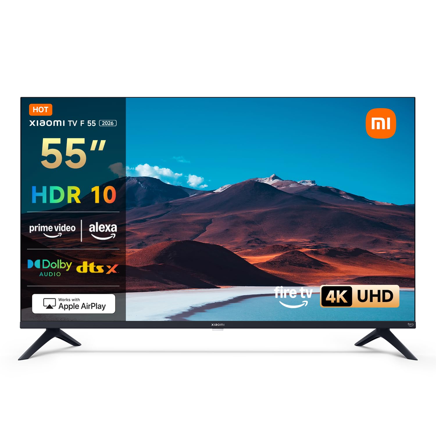 Xiaomi TV F 55, 55 Inch (140 cm), 4K UHD, Smart TV, Fire OS8, Triple Tuner DVB-C/S/S2/T/T2, HDR10, MEMC, 60Hz with 120Hz Game Boost Mode, Voice Control with Alexa, 2GB+32GB, Compatible with Apple AirPlay