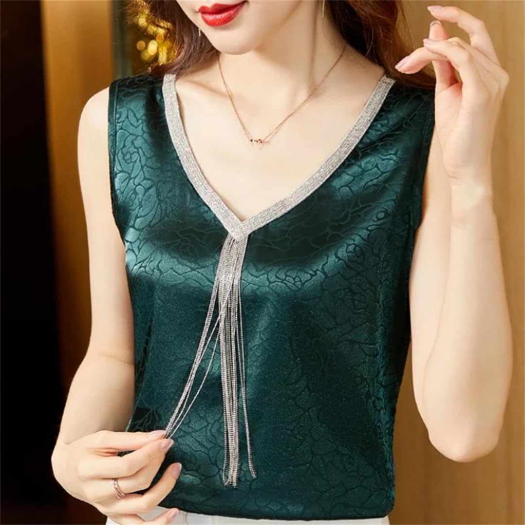 Camicia da donna con scollo a V senza maniche in tinta unita estiva con stampa floreale in seta casual