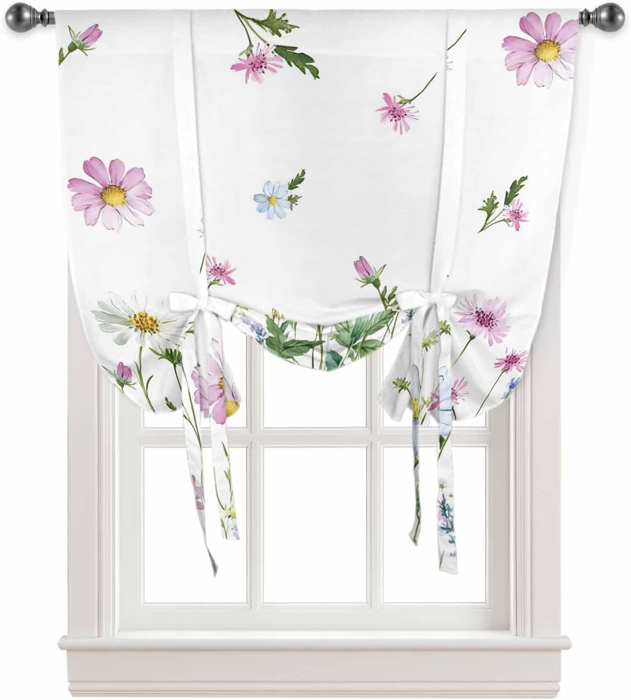 Botanical Tie Up Curtains for Windows 63 Inch Length Balloon Curtains Kitchen Adjustable Balloon Window Shade Blue Pink Daisy Floral Watercolor White Tie Up Valance Bathroom Curtain Window 52"x63"
