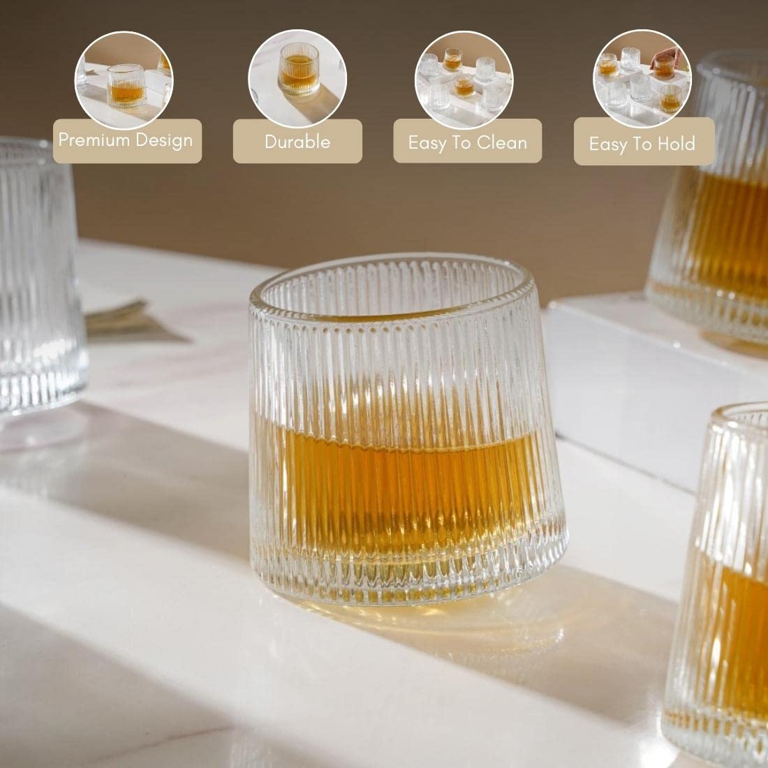 Nestasia Rotating Whiskey Glasses Set of 6 (150ml Each) - Ribbed Microwave & Dishwasher Safe Glasses with Rotating Base - Perfect for Whiskey, Scotch, Bourbon, Brandy, Cognac 1