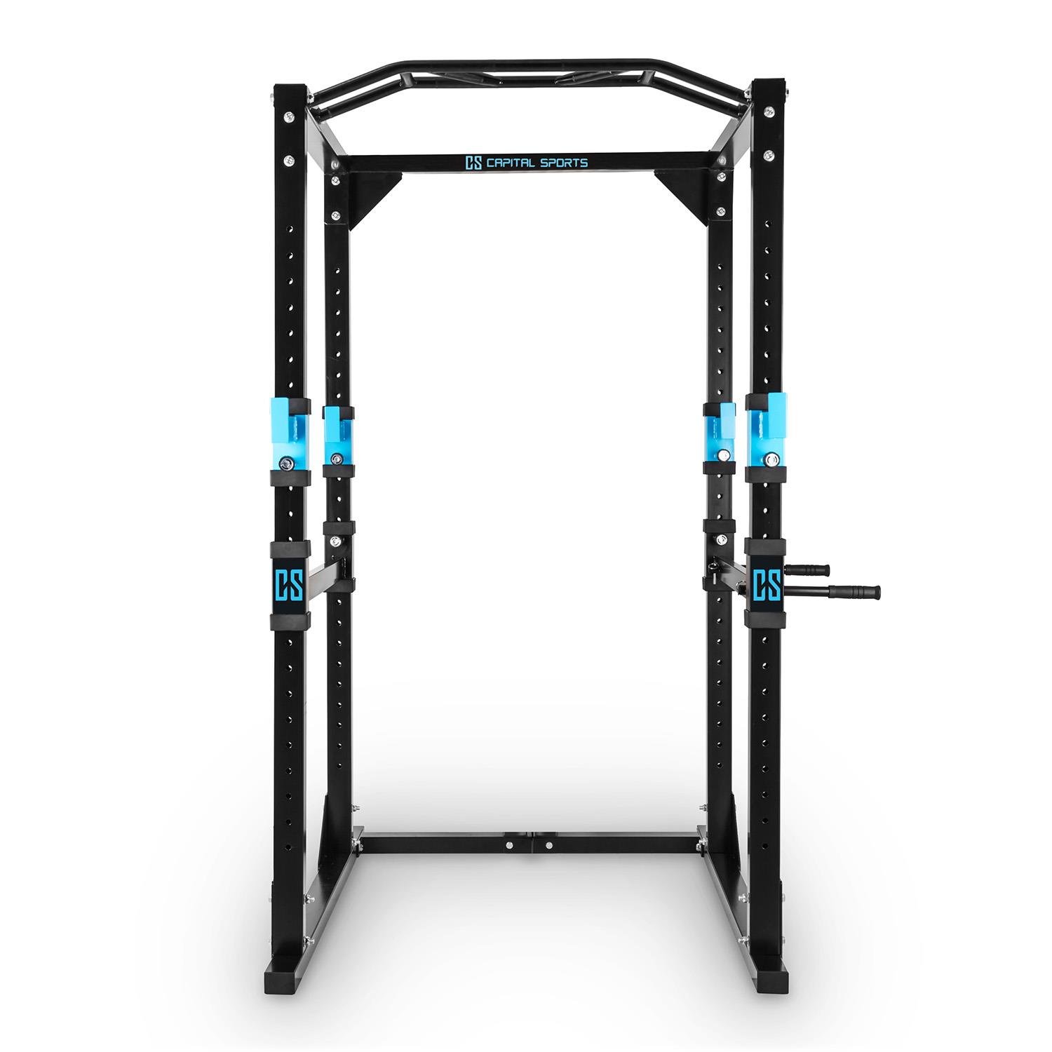 CAPITAL SPORTS Tremendour Power Rack Käfig - Squat Rack Kraftstation, 2 x Safety Spotter: 20-stufig, 4 x J-Hooks, Multigripp-Klimmzugstange, aufsteckbare Dipstangen, Half Rack