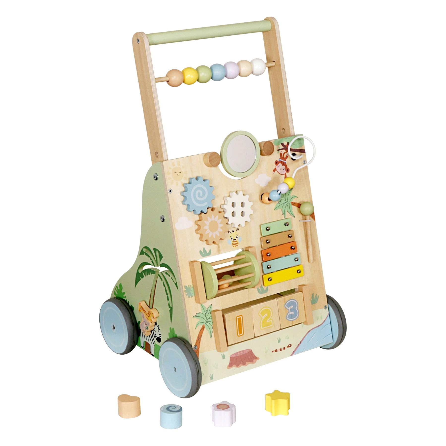 Holz Lauflernwagen Baby mit Motorikspielzeug & Activity Board – Baby Walker mit Xylophon, Zahnrädern & Steckspiel – Laufhilfe Kinder ab 1 Jahr – Montessori Spielzeug Jungen & Mädchen (grün/natur)