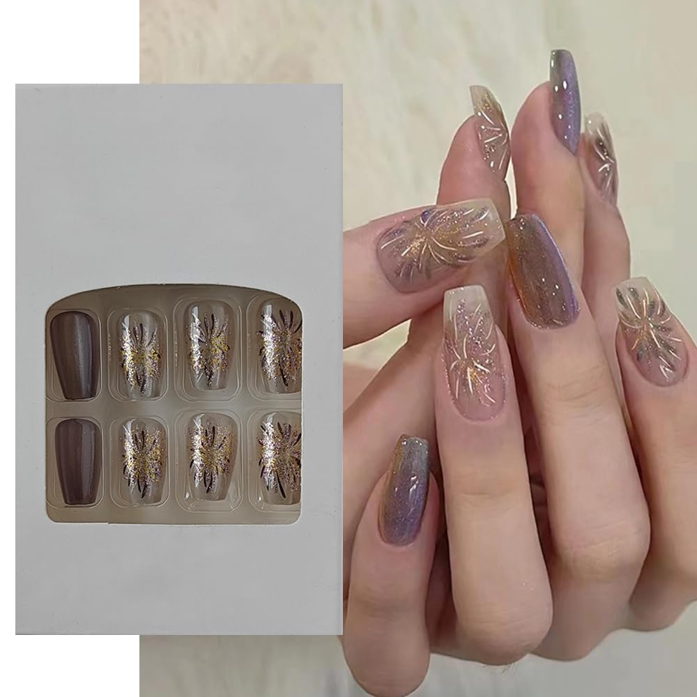 S.A.V.I 24 PCs Reusable Medium Coffin Shape Purple and Nude Fireworks Cat Eye Press-on Fake Nails | DIY Manicure | Long-Lasting, Easy to Apply & Remove | Stylish Nail Art for All Occasions-image-11