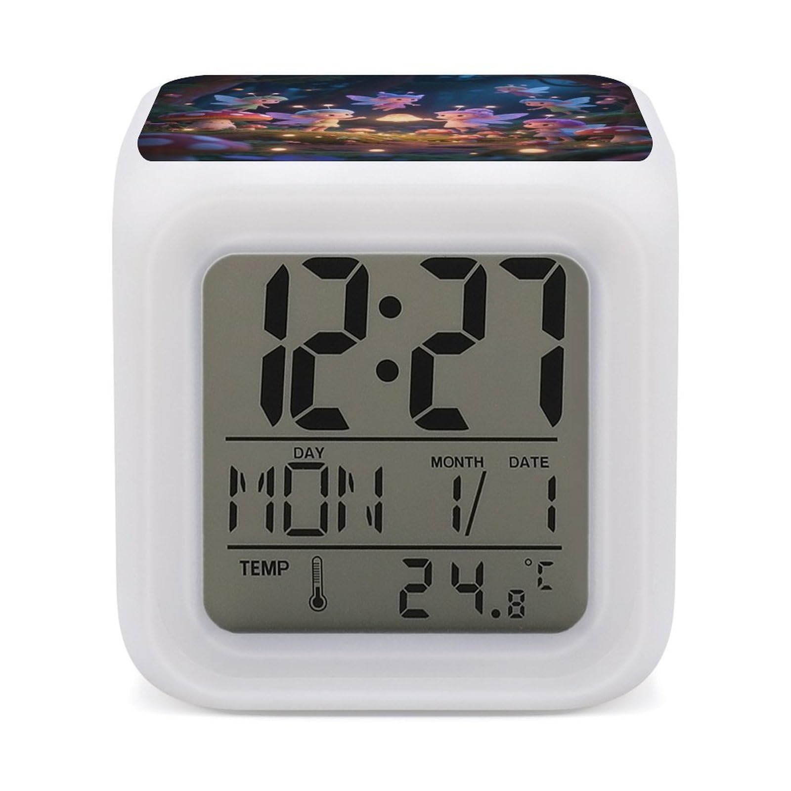 VstaDank Fairies in Mushroom Forest Alarm Clock with Date Temperature Large LED Display Number Clocks with 7 Colors Changing Desk Clock Battery Operated Digital Clocks with Date for Heavy Sleepers