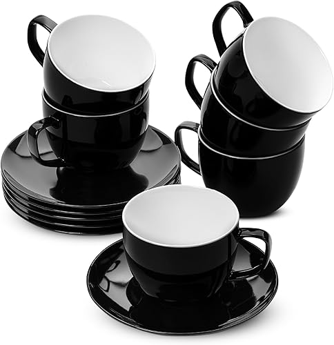 Miniatura 15 de BTaT Tazas de té y platillos de porcelana - 6 onzas, negro, juego de 6, adultos Negro,Blanco (Daisy White),Margarita blanca con ribete