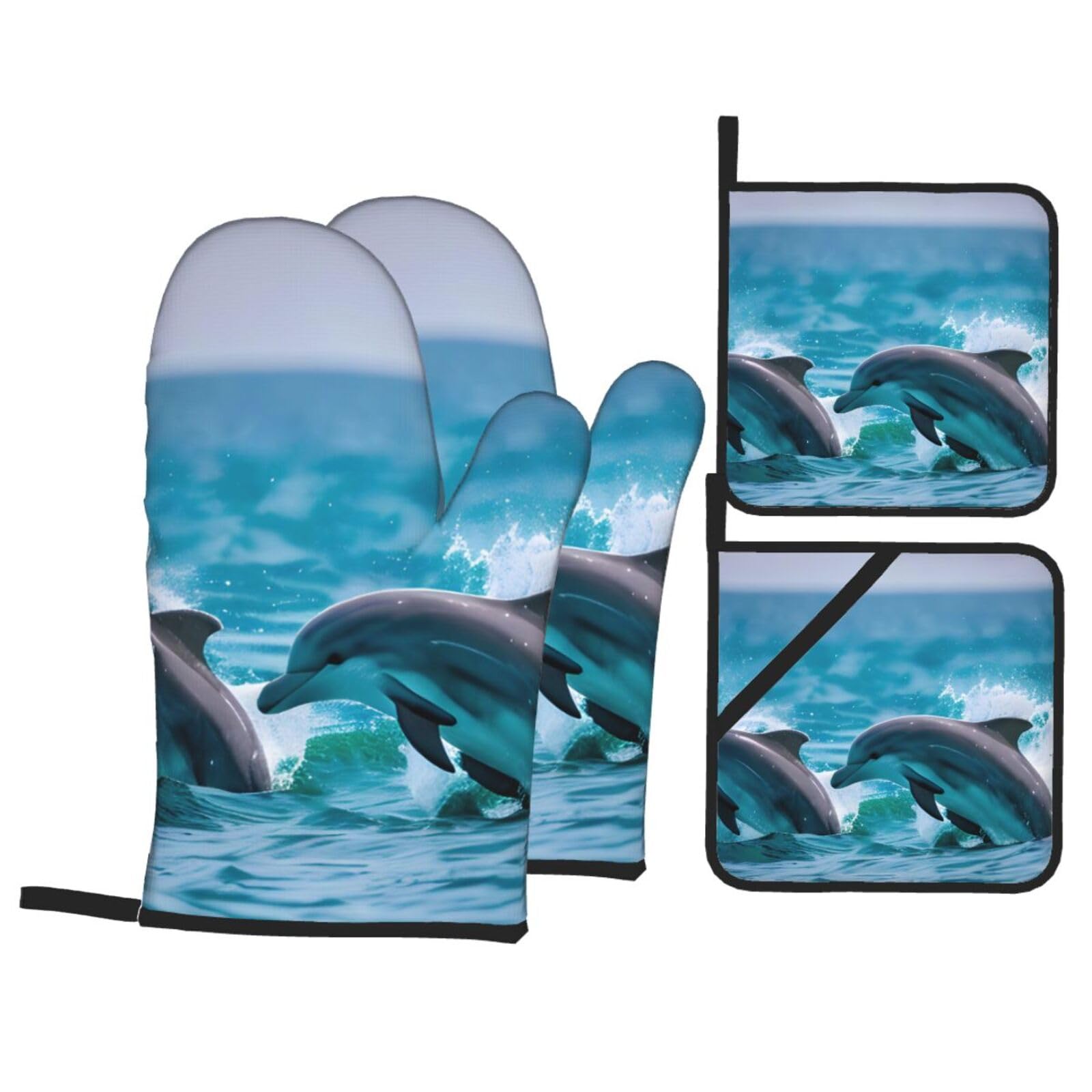 Dolphins in the sea Print 4-Piece Oven Microwaving Set Waterproof Kitchen Gloves for Baking Grilling Cooking