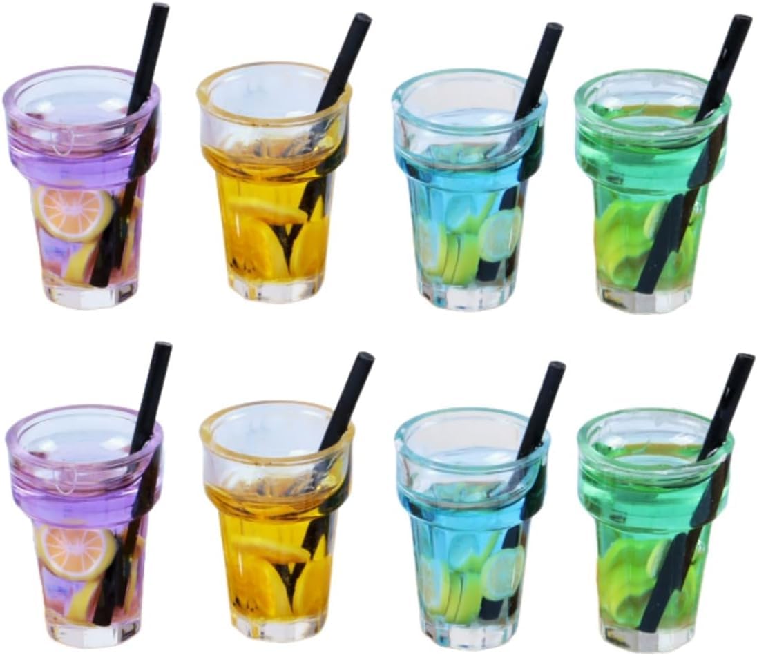 8Pcs Miniature Dollhouse Drink Set, 1:12 Scale, Colorful Resin Glass Cups with Beverage, Simulated Fruit Juice and Lemon Models, 0.72 x 0.5 Inch
