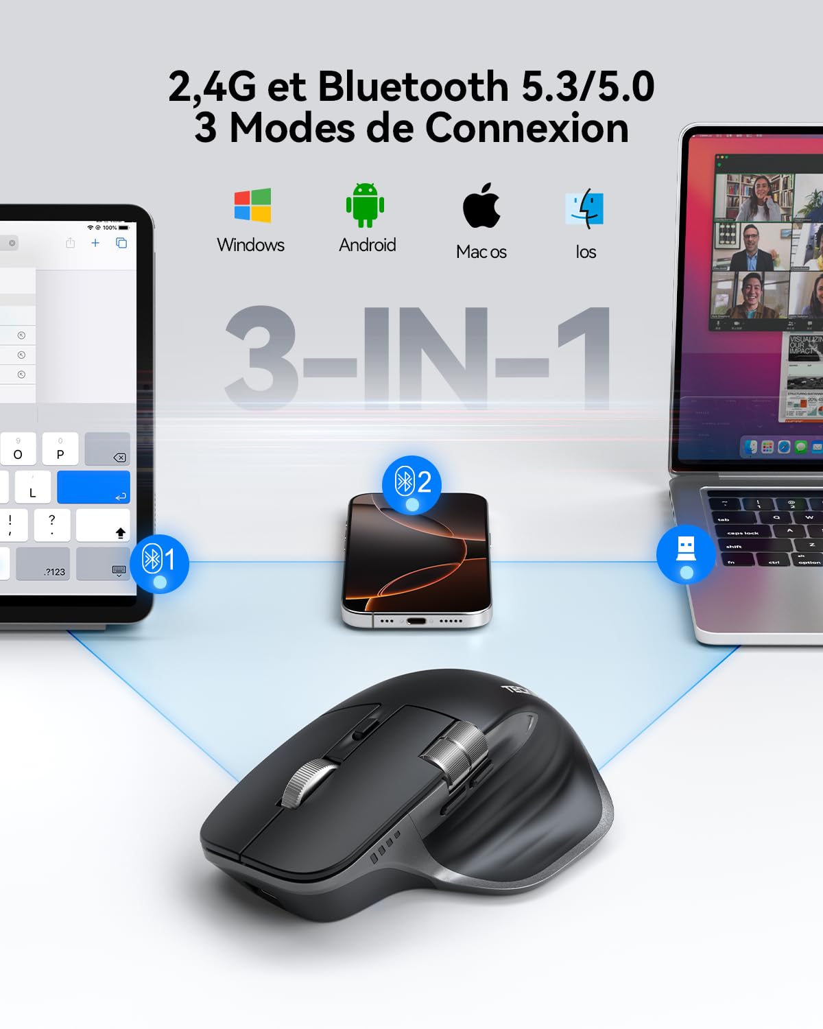 TECKNET Souris Bluetooth, Souris sans Fil Ergonomique avec 3 Modes (BT5.0/5.0+2.4G), Rechargeable, 4800 DPI Réglable avec Molette Latérale Souris Silencieuse pour Ordinateurs, Mac, PC, Windows, Noir
