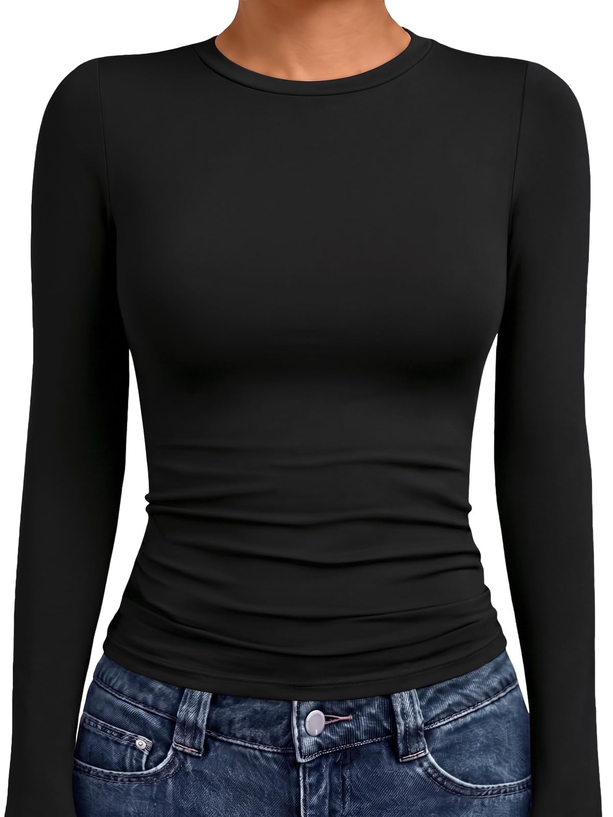 AUTOMET Womens Crew Neck Long Sleeve Shirts Compression Underscrubs Tops | Gym to Street, High Stretch, Buttery-Soft, Pairs with Jeans or Skirts, Travel Ready Staple, Versatile Layering Staple