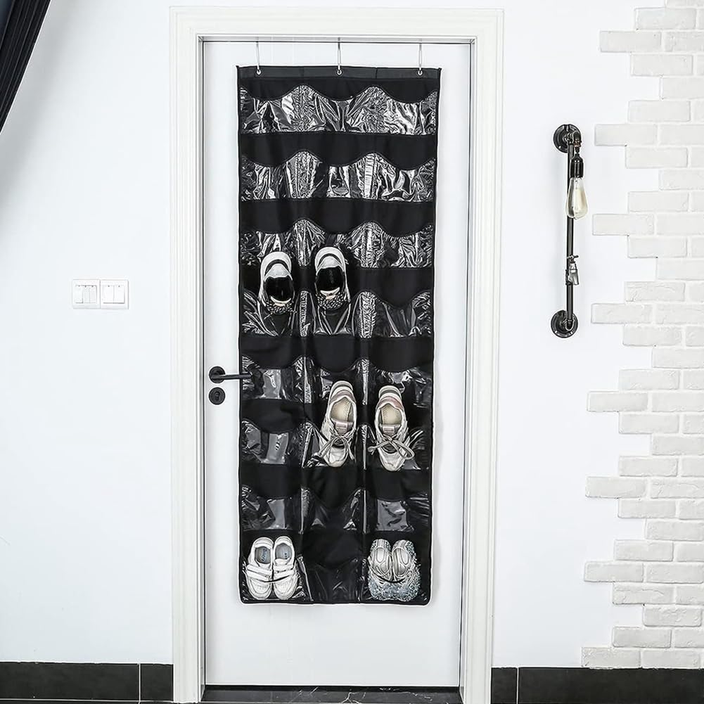 Paquete de 2 organizadores de zapatos sobre la puerta con 24 bolsillos de malla, tela no tejida negra, tamaño mediano, 164 x 69 cm, ideal para almacenamiento en armarios y entradas