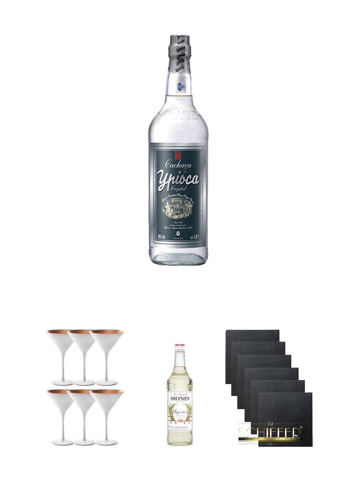 Ypioca Crystal Cachaca 1,0 Liter + Stölzle Cocktail-und Martiniglas Olympic Serie 6 Gläser - 1408825 + Monin Rohrzucker pur Sirup 0,7 Liter + Schiefer Glasuntersetzer eckig 6 x ca. 9,5 cm Durchmesser