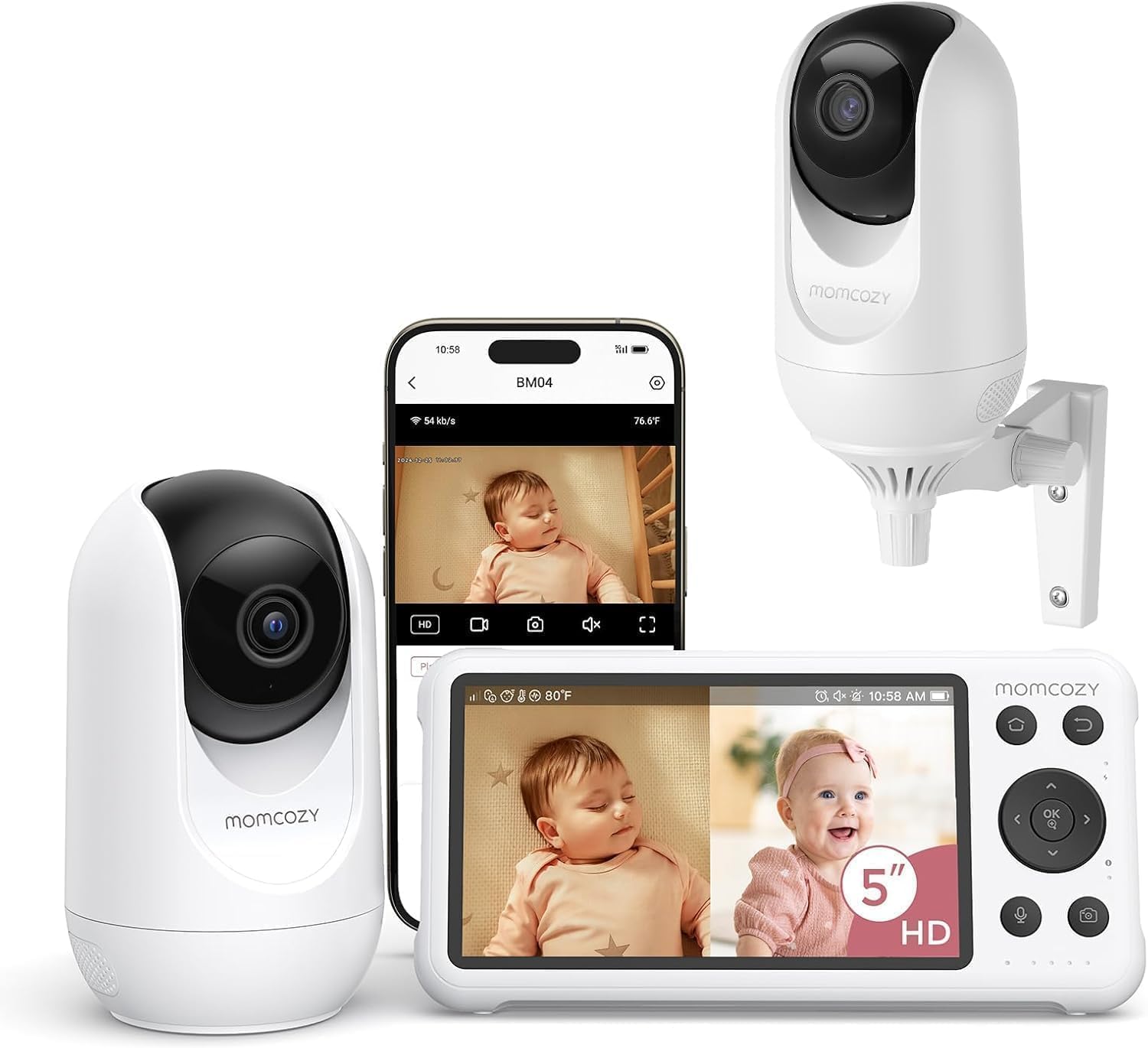 momcozy BM04 Baby Monitor con 2 Telecamere WiFi, 1080P FHD 5 Pollici, Batteria 5000mAh, Controllo via App e Monitor, Zoom 4X, Audio Bidirezionale, Visione Notturna, Zona di Sicurezza