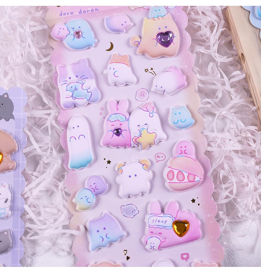 Image of Kawaii Cafe 3D Puffy Stickers Set - Cute Animals, Dessert & Milk Tea Stickers for Journaling, Scrapbooking, Planner Decoration, School Projects & DIY Crafts