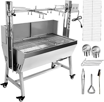 Stainless Steel Rotisserie Grill with Back Cover Guard, 25W Motor Small Pig Lamb Rotisserie Roaster, 37 2 in 1 BBQ Charcoal Rotisserie Grill for Camping Outdoor Kitchen