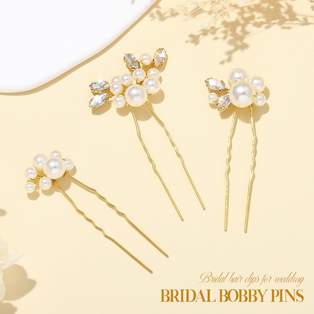 Kilshye Pearl Bride Wedding Hair Pins Gold Rhinestone Bridal Hair Pieces Crystal Prom Hair Accessories for Women and Girls (Pack of 3) (Gold) - Image 2