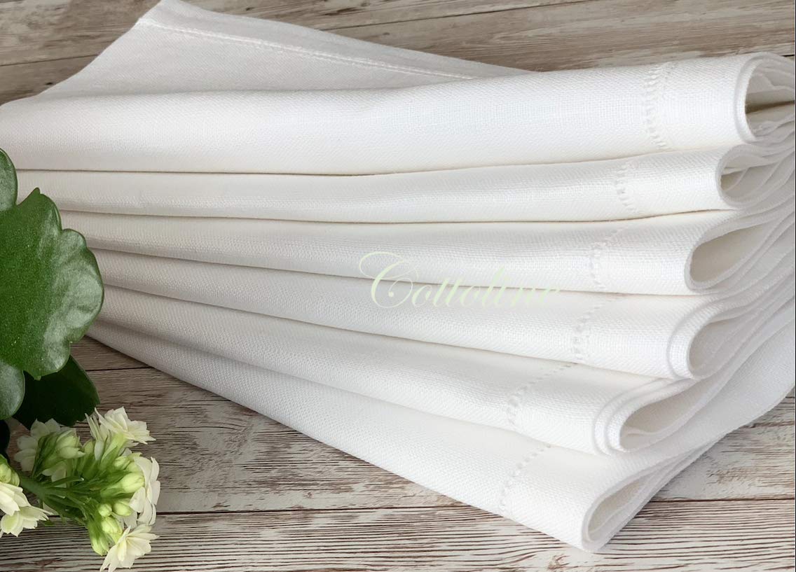 Set 6 Tovaglioli In Lino 100% - 45x45cm Con Orlo Bianco, Lusso Per Tavola