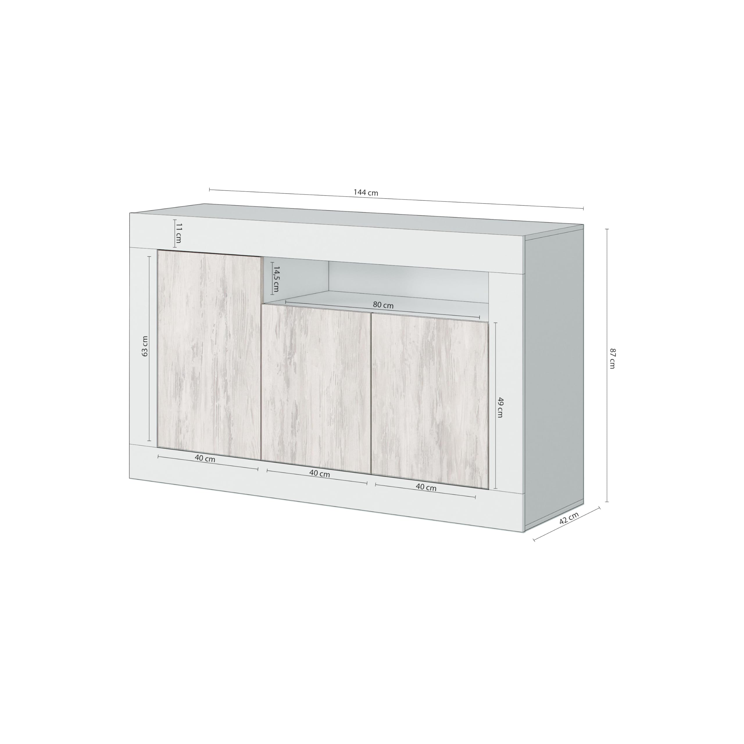 duehome | Aparador 3 Puertas, Buffet para Salon, Armario Auxiliar, Modelo Gian, Acabado en Color Blanco Artik y Blanco Velho, Medidas: 144 cm (Ancho) x 87 cm (Alto) x 42 cm (Fondo)