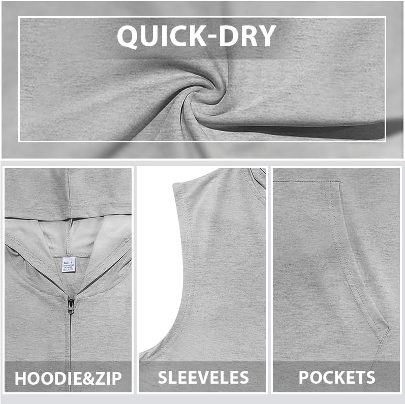 Men's Workout Hooded Tank Tops Zip Up Sleeveless Gym Shirts Bodybuilding Hoodies Muscle Cut Off T Shirt - Image 6
