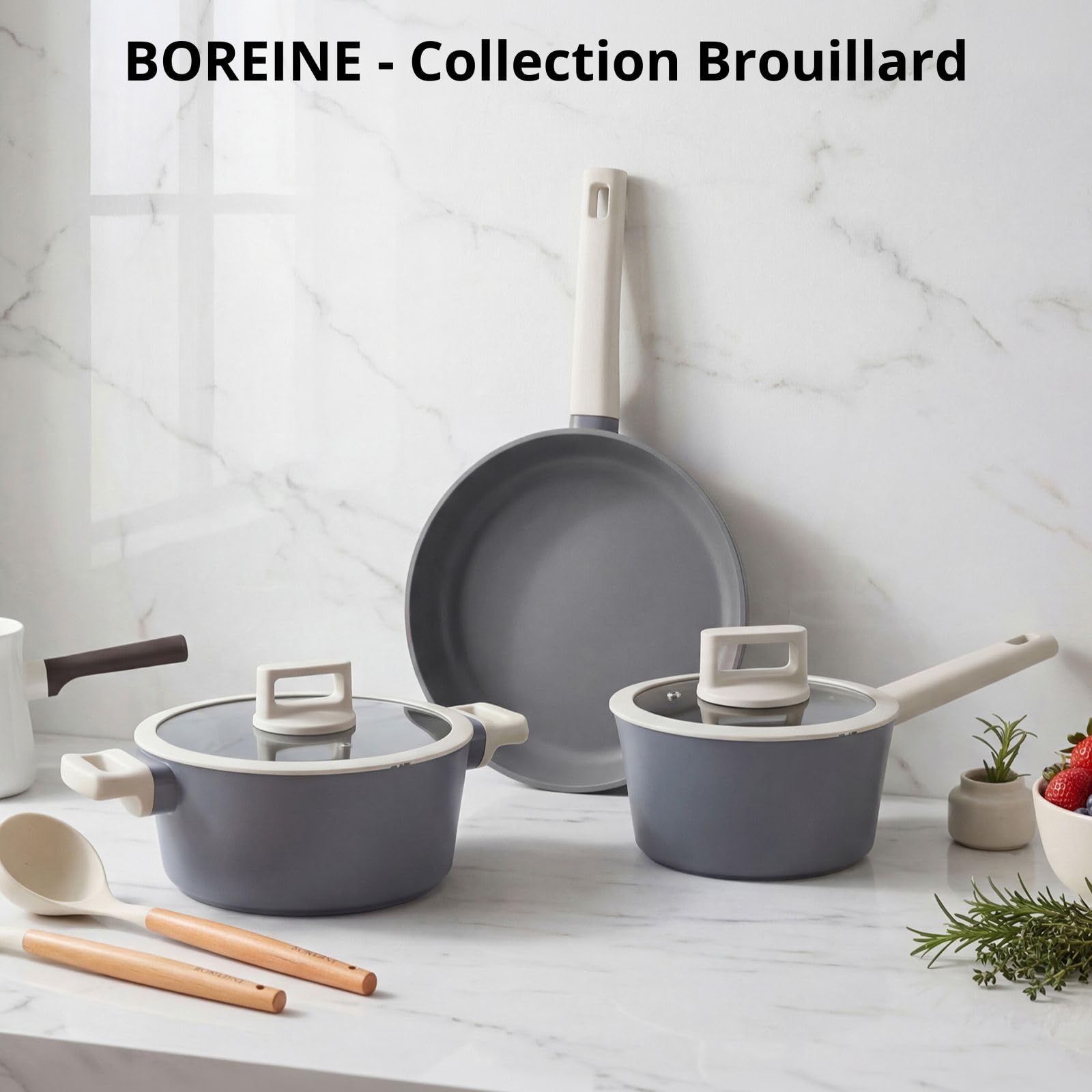 BOREINE Naczynia kuchenne 5 sztuk, zestaw garnków i patelni z pokrywkami, nieprzywierająca powłoka z granitu bez PFOA, kompatybilne z wszystkimi palnikami (indukcyjne, ceramiczne, gazowe), szare