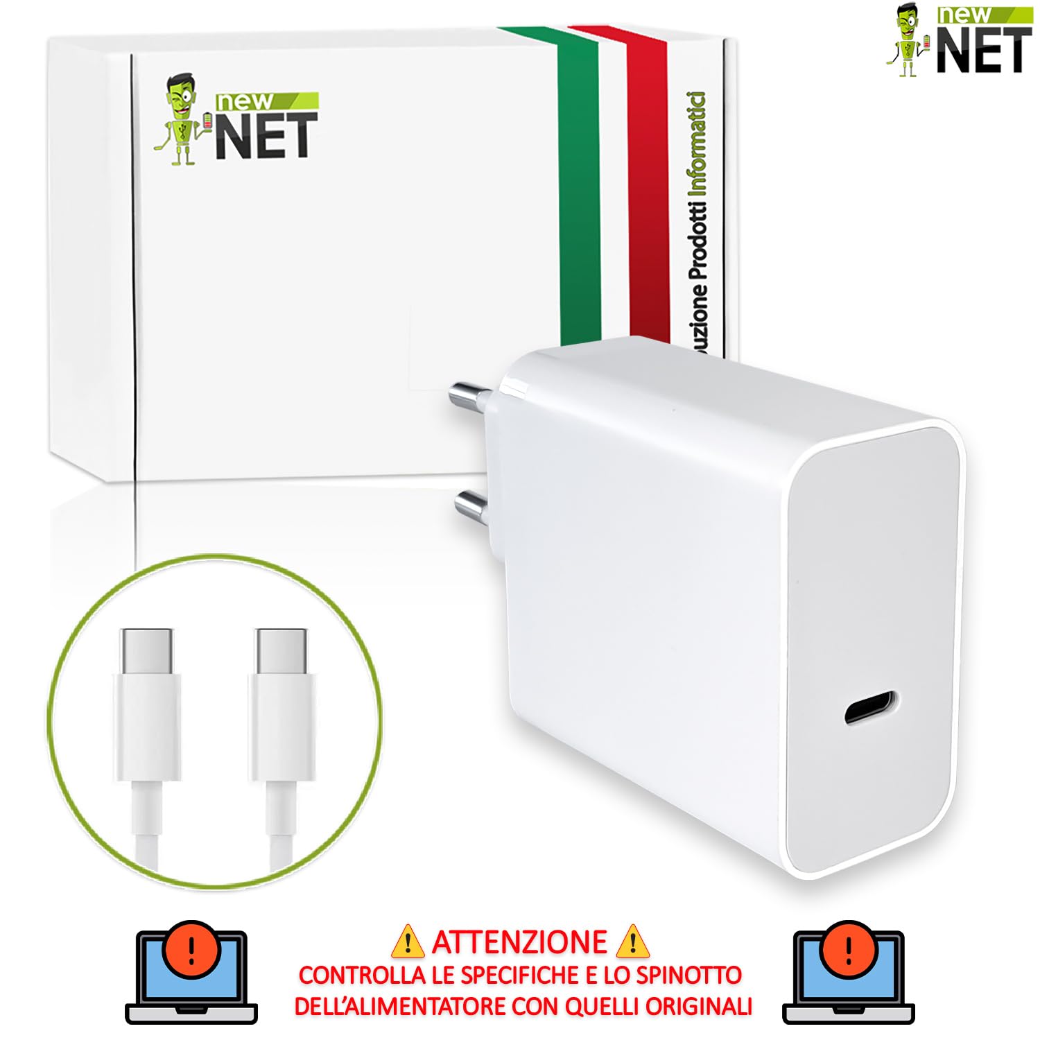 New Net - Alimentatore USB-C 61W compatibile con Huawei, per smartphone, tablet, auricolari, wearables, design slim portatile universale compatto